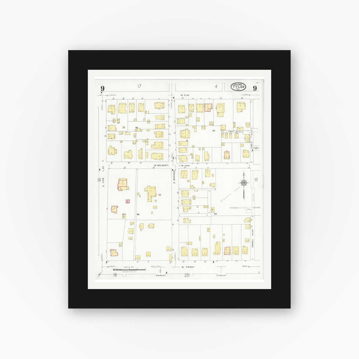 Old map wall art mockup — black gallery frame with white mat — Sanborn Fire Insurance Map from Tyler, Smith County, Texas (1928), Sheet #0009