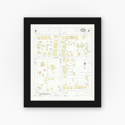 Old map wall art mockup — black gallery frame with white mat — Sanborn Fire Insurance Map from Tyler, Smith County, Texas (1928), Sheet #0009