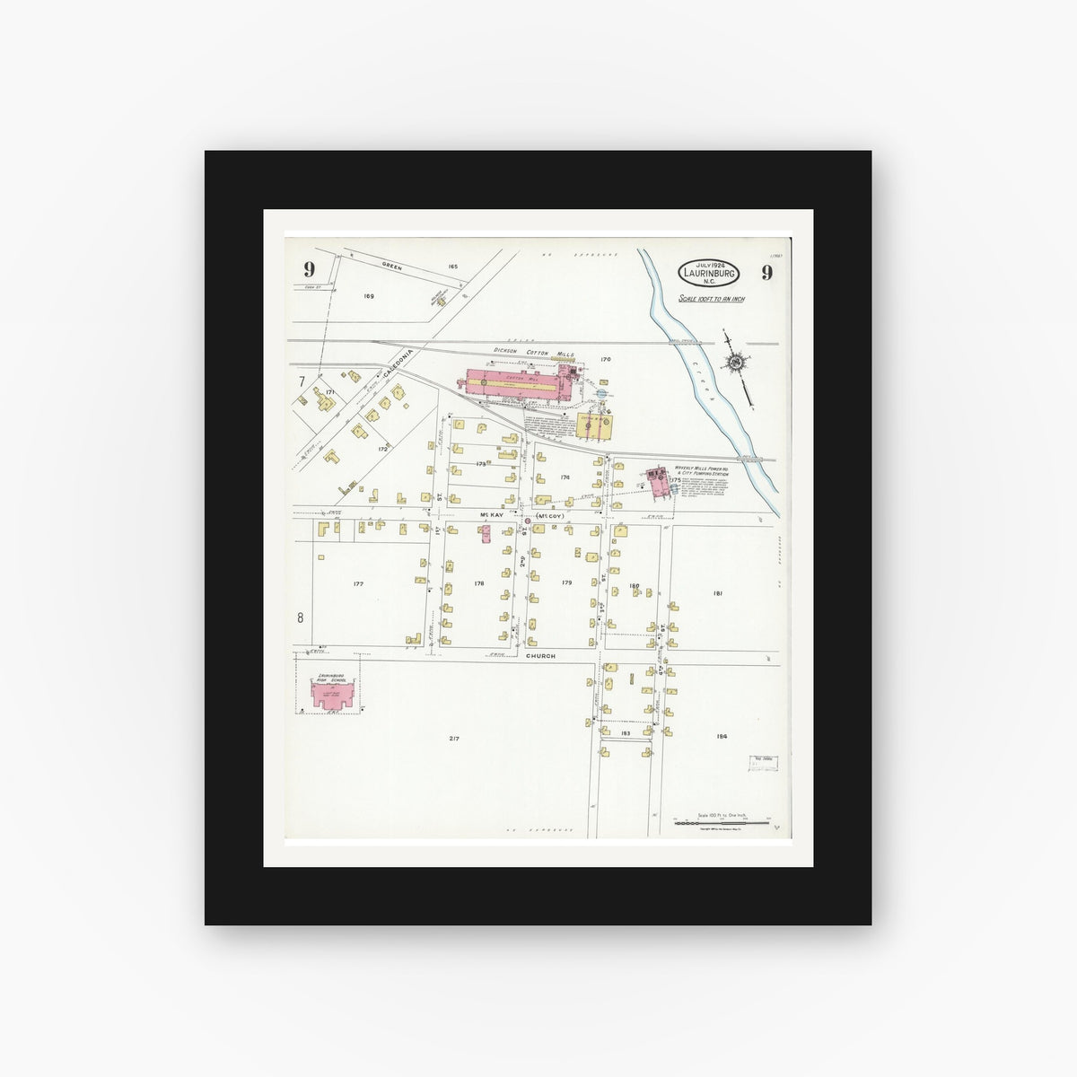 Old map wall art mockup — black gallery frame with white mat — Sanborn Fire Insurance Map from Laurinburg, Scotland County, North Carolina (1924), Sheet #0009
