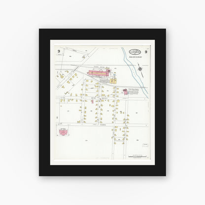 Old map wall art mockup — black gallery frame with white mat — Sanborn Fire Insurance Map from Laurinburg, Scotland County, North Carolina (1924), Sheet #0009