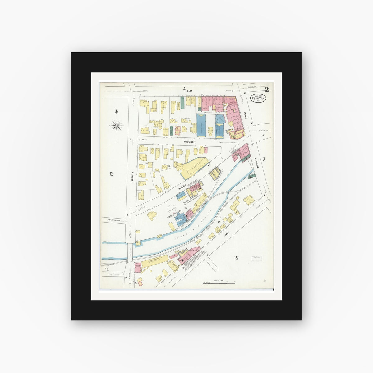 Old map wall art mockup — black gallery frame with white mat — Sanborn Fire Insurance Map from Penn Yan, Yates County, New York (1909) - Complete Map Set