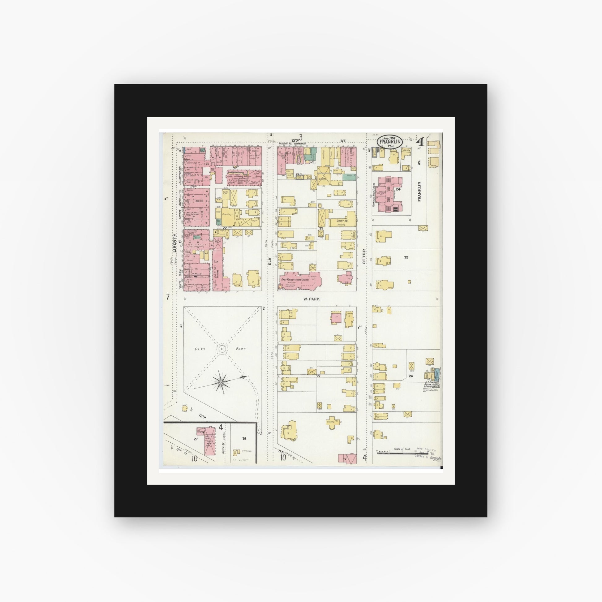 Old map wall art mockup — black gallery frame with white mat — Sanborn Fire Insurance Map from Franklin, Venango County, Pennsylvania (1906), Sheet #0004