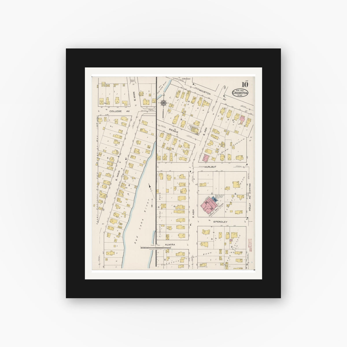 Old map wall art mockup — black gallery frame with white mat — Sanborn Fire Insurance Map from Crookston, Polk County, Minnesota (1922), Sheet #0010
