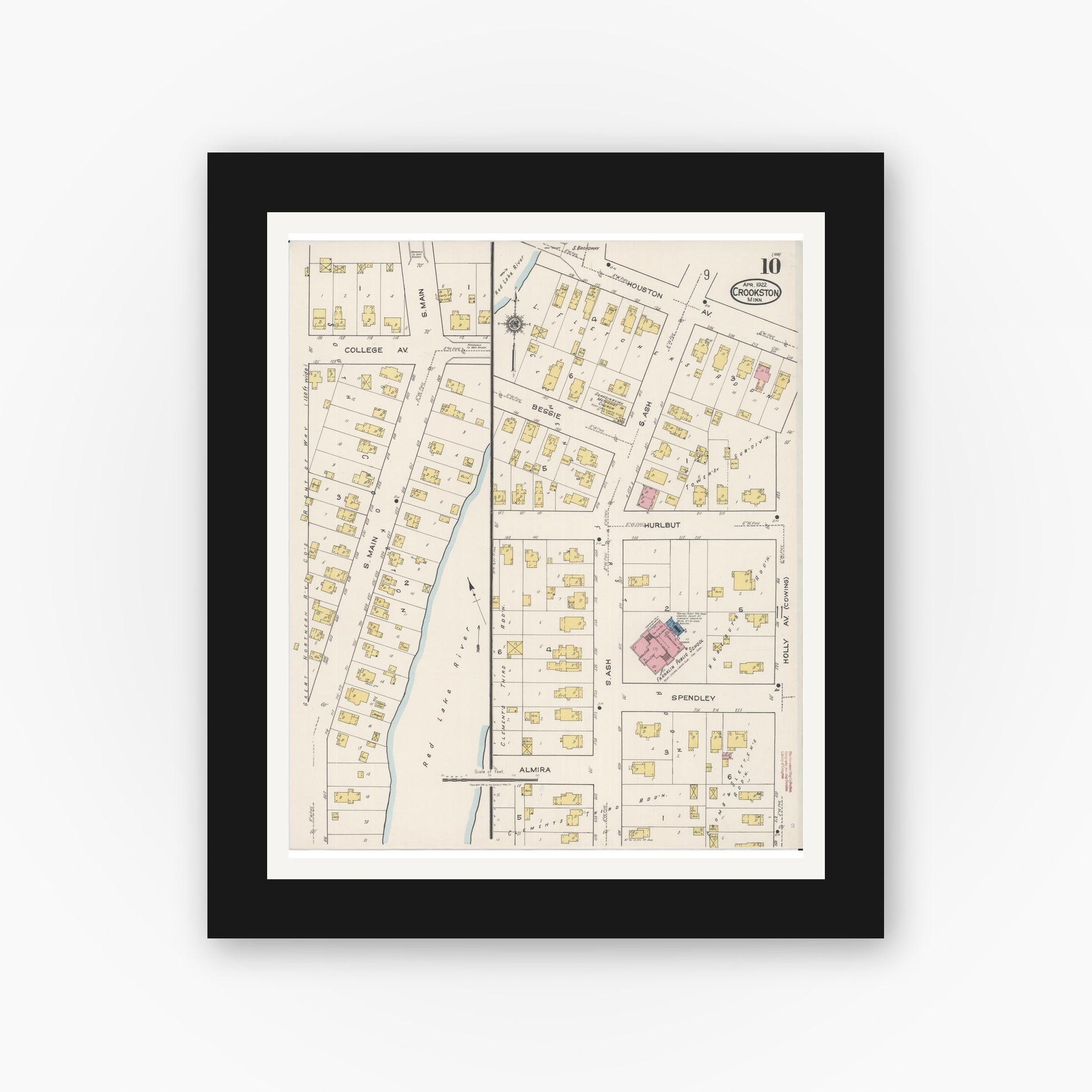 Old map wall art mockup — black gallery frame with white mat — Sanborn Fire Insurance Map from Crookston, Polk County, Minnesota (1922), Sheet #0010