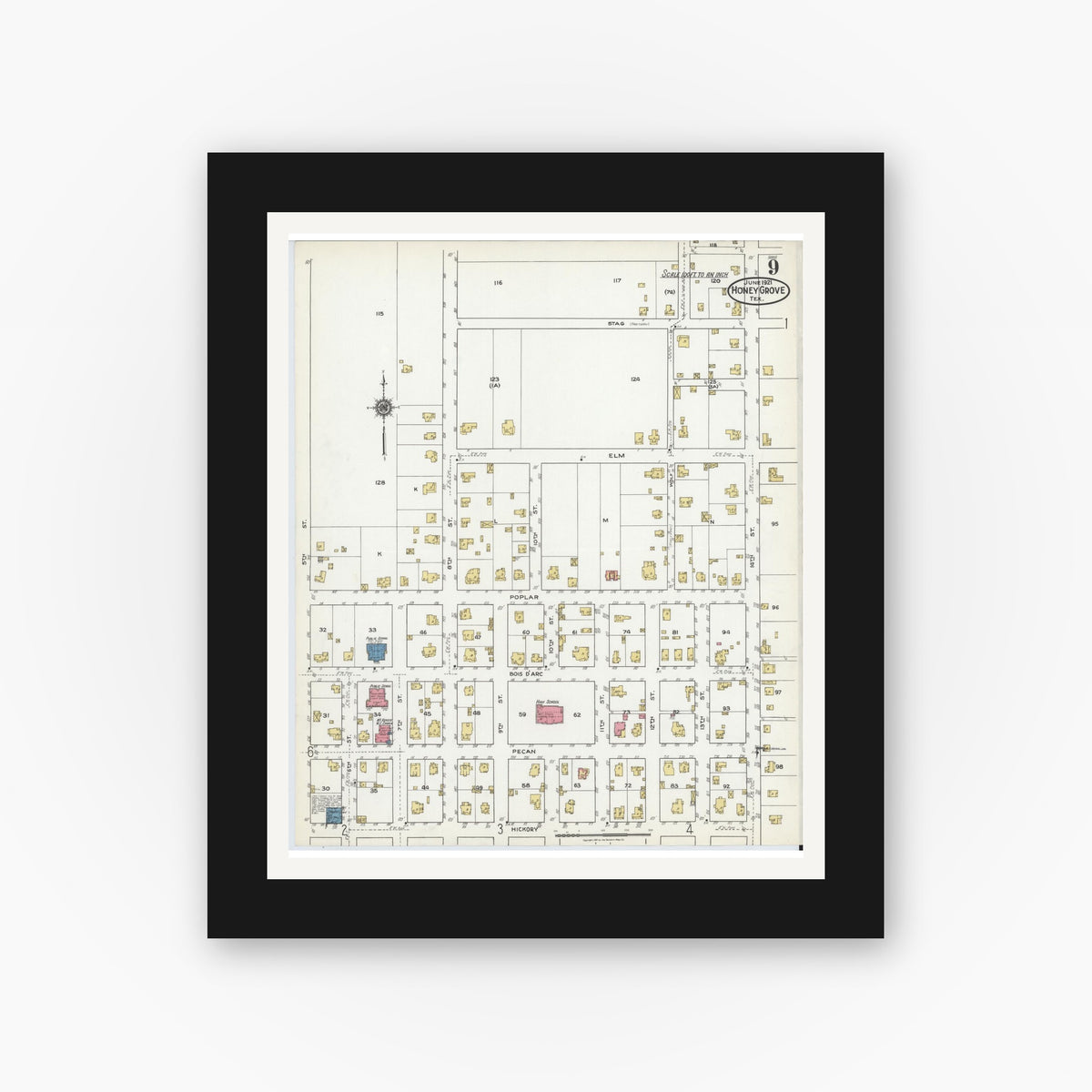 Old map wall art mockup — black gallery frame with white mat — Sanborn Fire Insurance Map from Honey Grove, Fannin County, Texas (1921), Sheet #0009