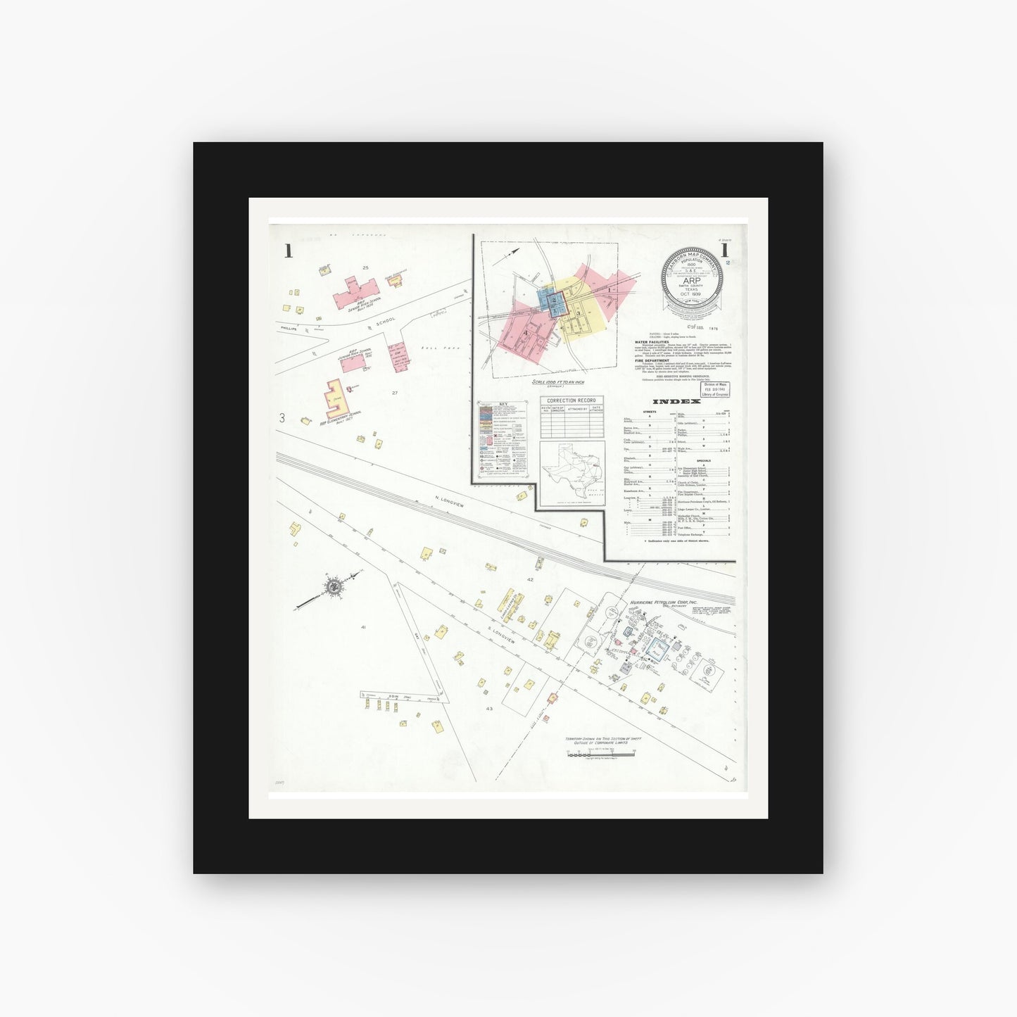 Old map wall art mockup — black gallery frame with white mat — Sanborn Fire Insurance Map from Arp, Smith County, Texas (1939), Sheet #0001