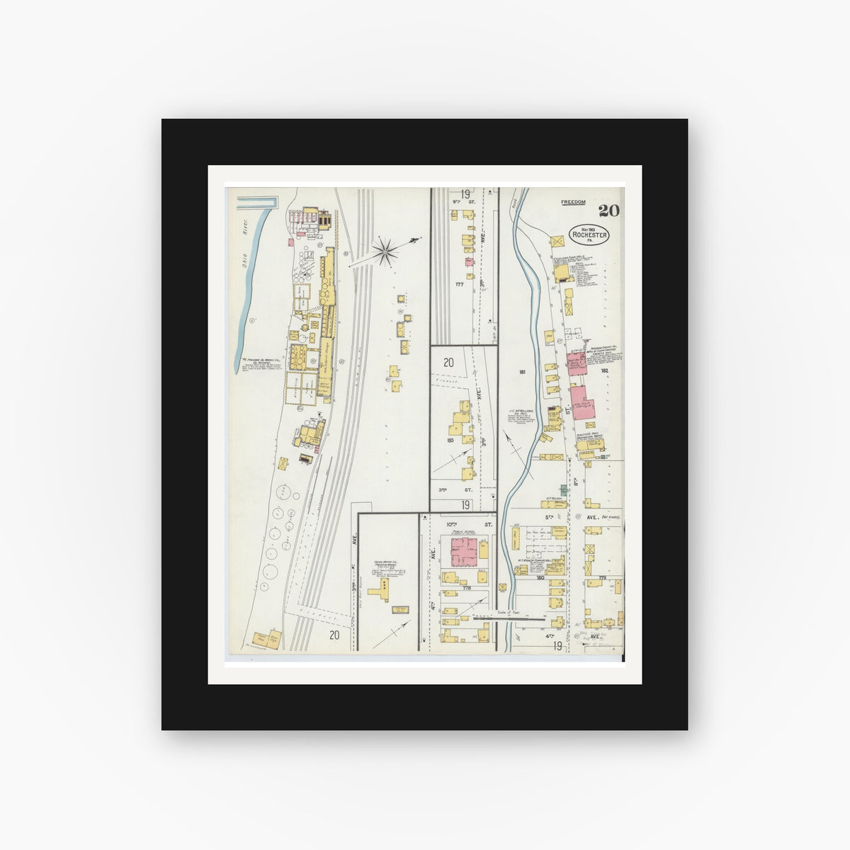 Old map wall art mockup — black gallery frame with white mat — Sanborn Fire Insurance Map from Rochester, Beaver County, Pennsylvania (1903), Sheet #0020