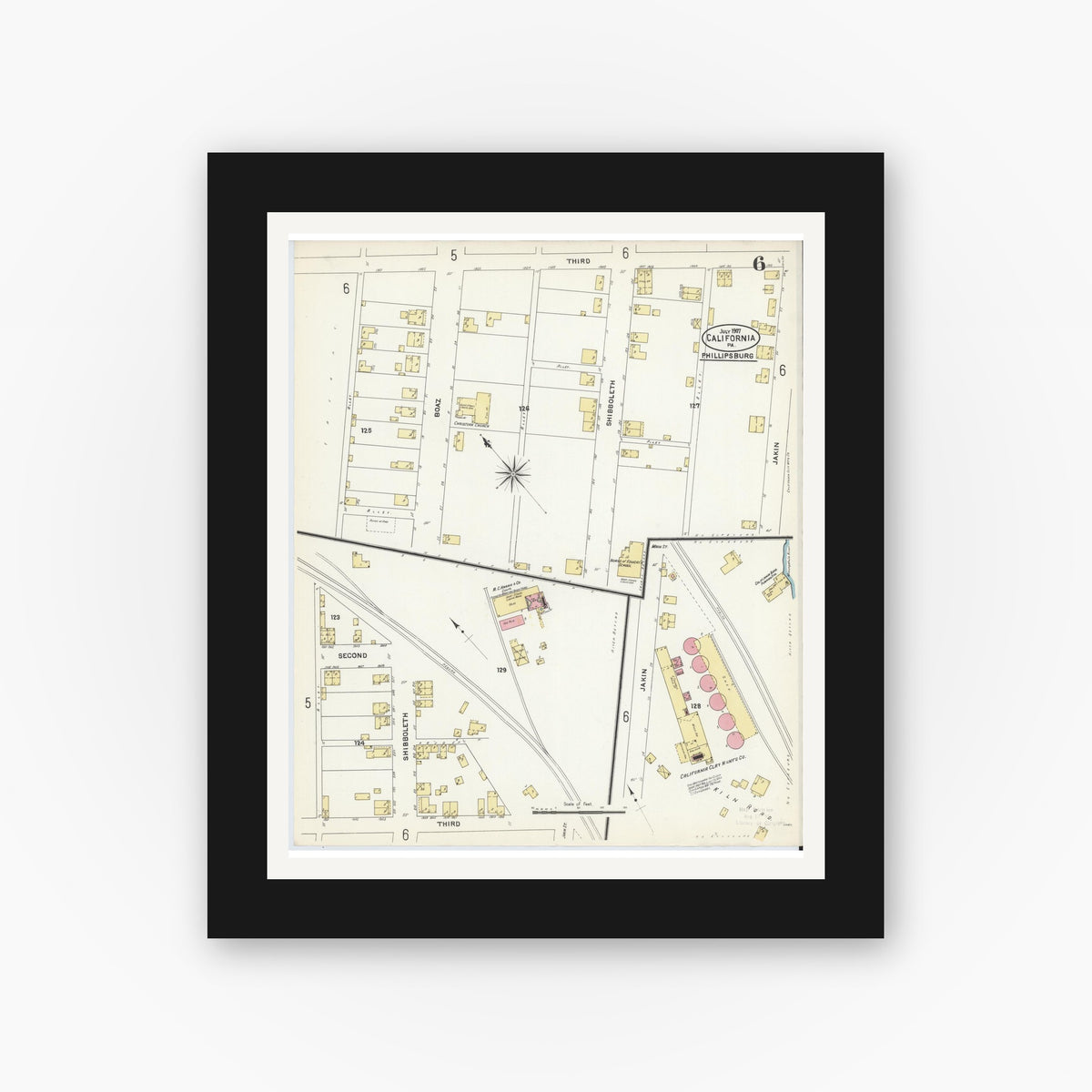 Old map wall art mockup — black gallery frame with white mat — Sanborn Fire Insurance Map from California, Washington County, Pennsylvania (1907), Sheet #0006