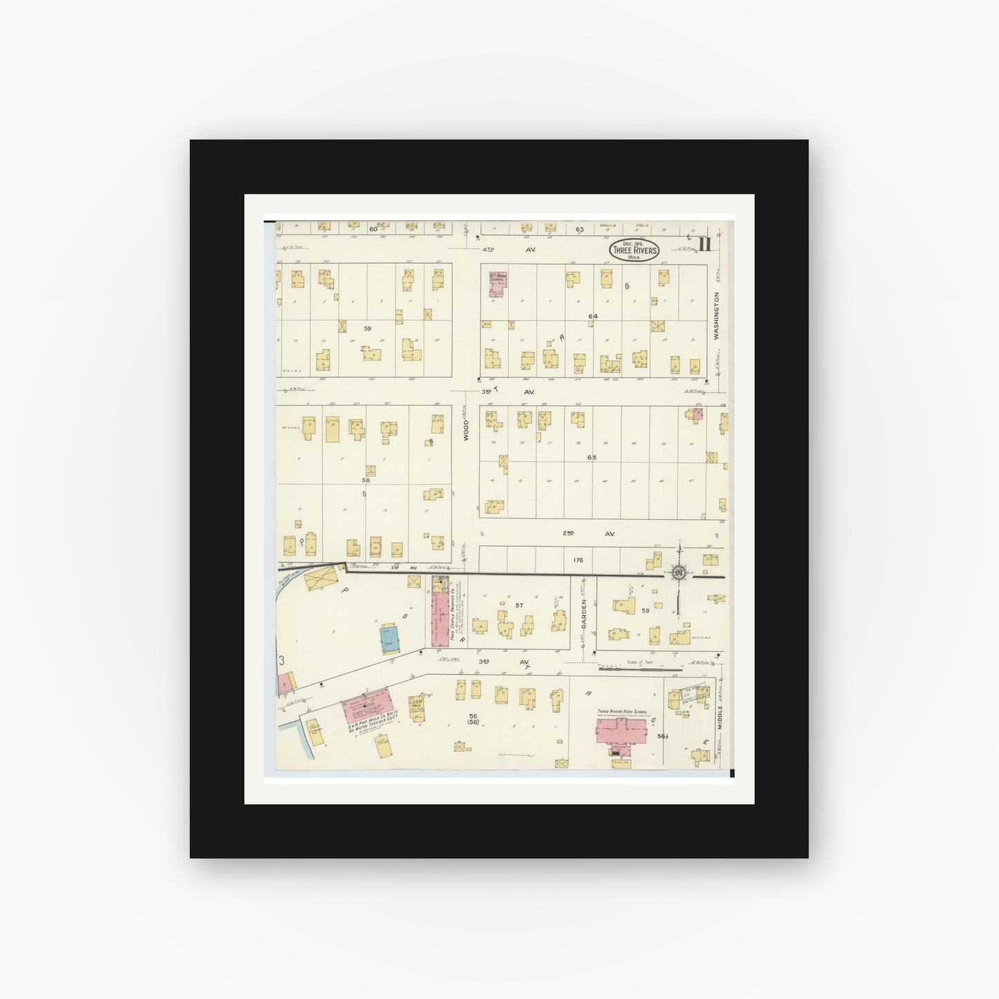 Old map wall art mockup — black gallery frame with white mat — Sanborn Fire Insurance Map from Three Rivers, Saint Joseph County, Michigan (1916), Sheet #0011