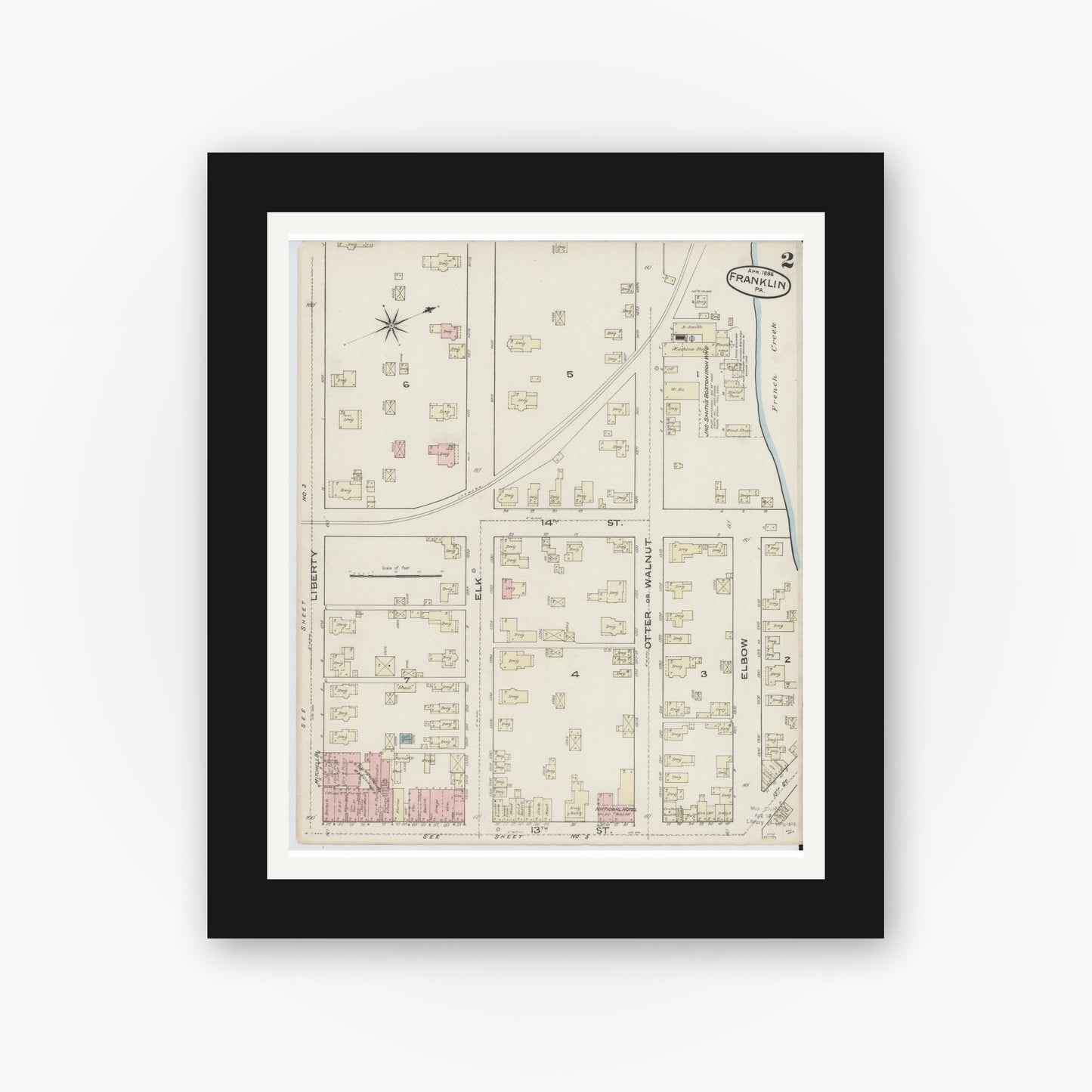 Old map wall art mockup — black gallery frame with white mat — Sanborn Fire Insurance Map from Franklin, Venango County, Pennsylvania (1888), Sheet #0002