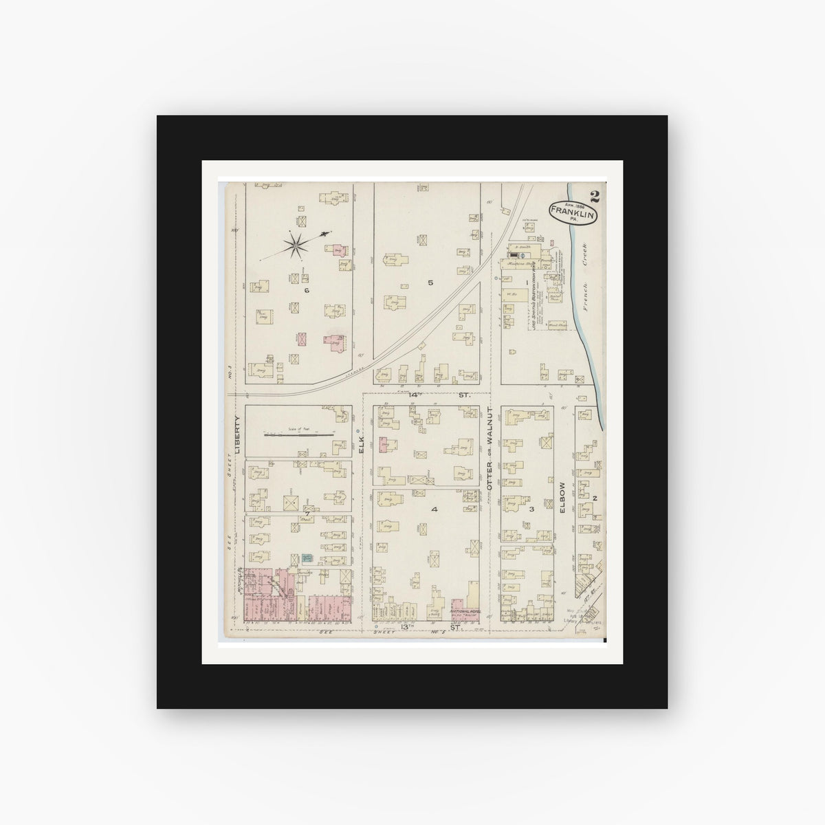 Old map wall art mockup — black gallery frame with white mat — Sanborn Fire Insurance Map from Franklin, Venango County, Pennsylvania (1888), Sheet #0002