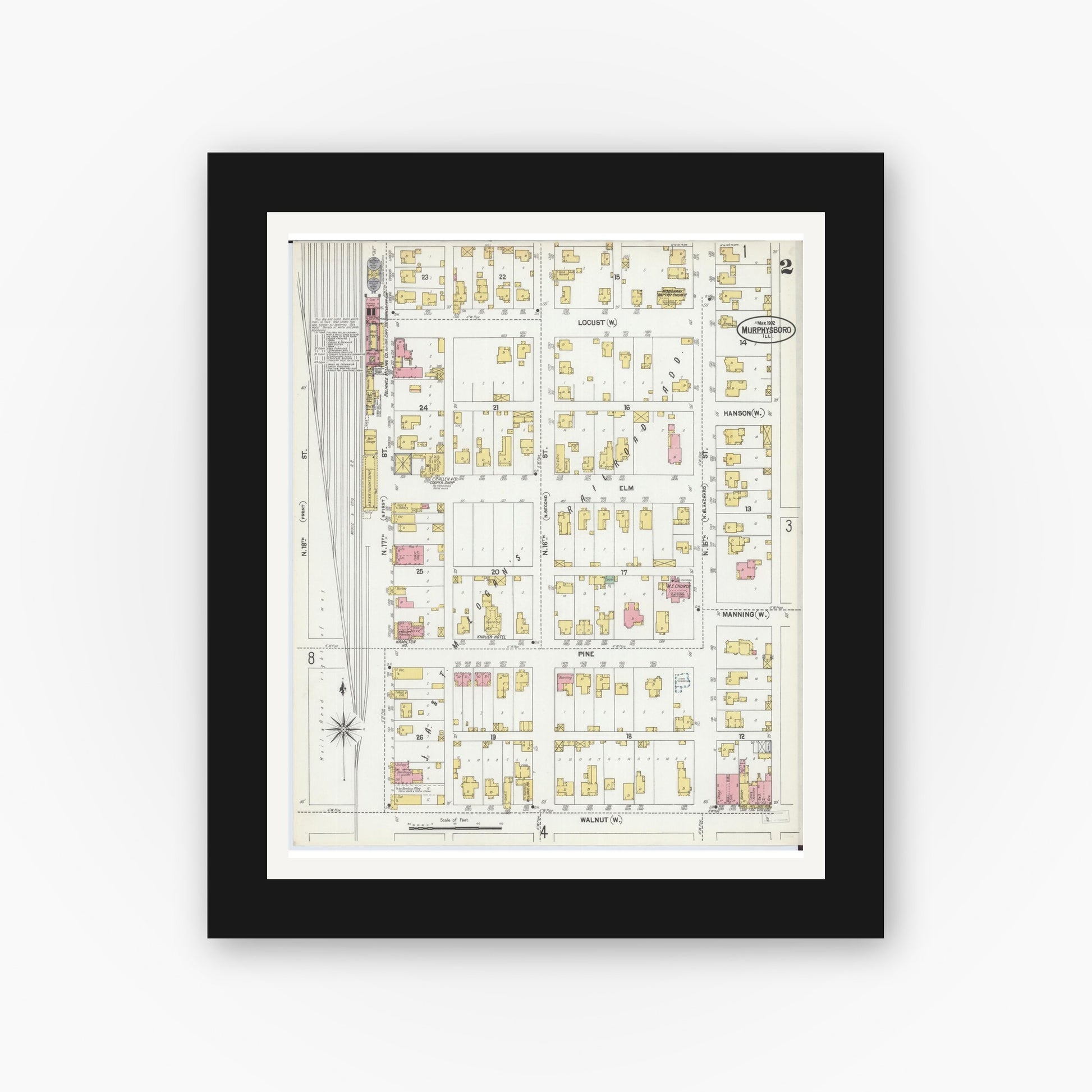 Old map wall art mockup — black gallery frame with white mat — Sanborn Fire Insurance Map from Murphysboro, Jackson County, Illinois (1902), Sheet #0002