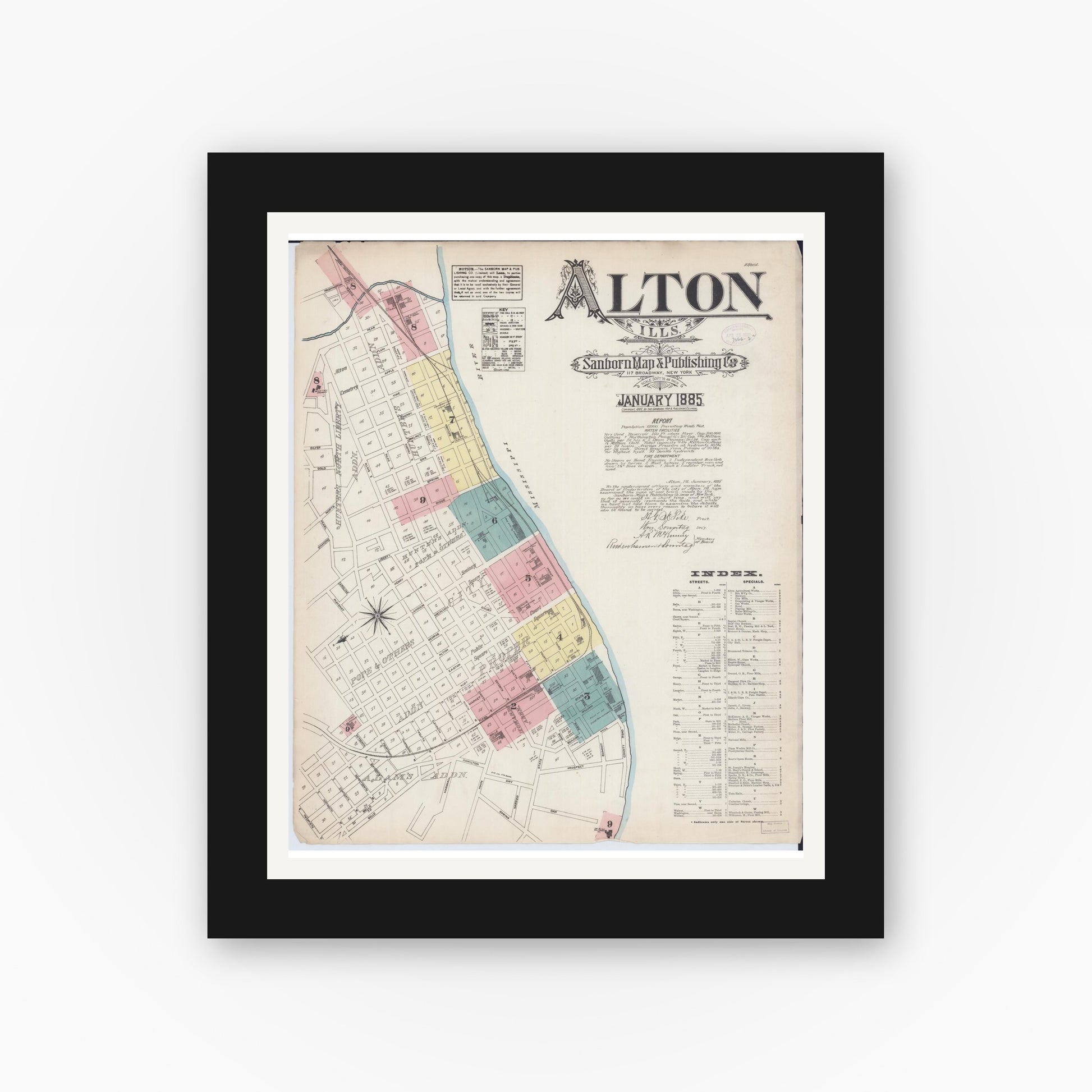Old map wall art mockup — black gallery frame with white mat — Sanborn Fire Insurance Map from Alton, Madison County, Illinois (1885) - Complete Map Set