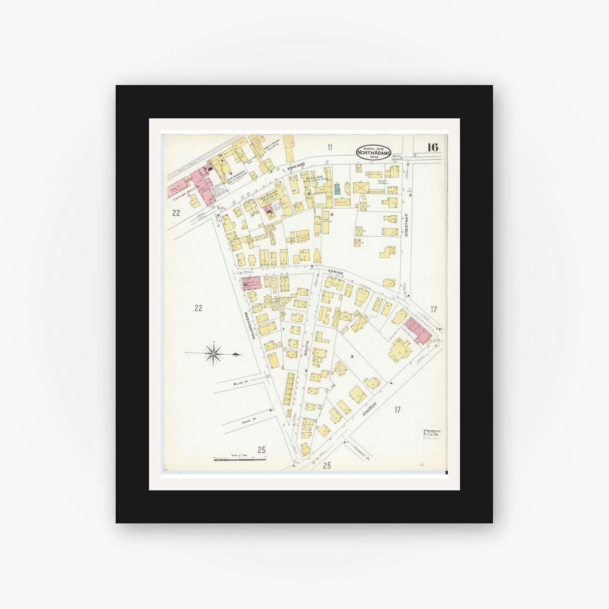 Old map wall art mockup — black gallery frame with white mat — Sanborn Fire Insurance Map from North Adams, Berkshire County, Massachusetts (1908), Sheet #0016