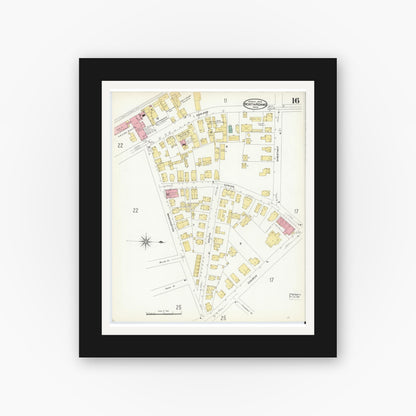 Old map wall art mockup — black gallery frame with white mat — Sanborn Fire Insurance Map from North Adams, Berkshire County, Massachusetts (1908), Sheet #0016