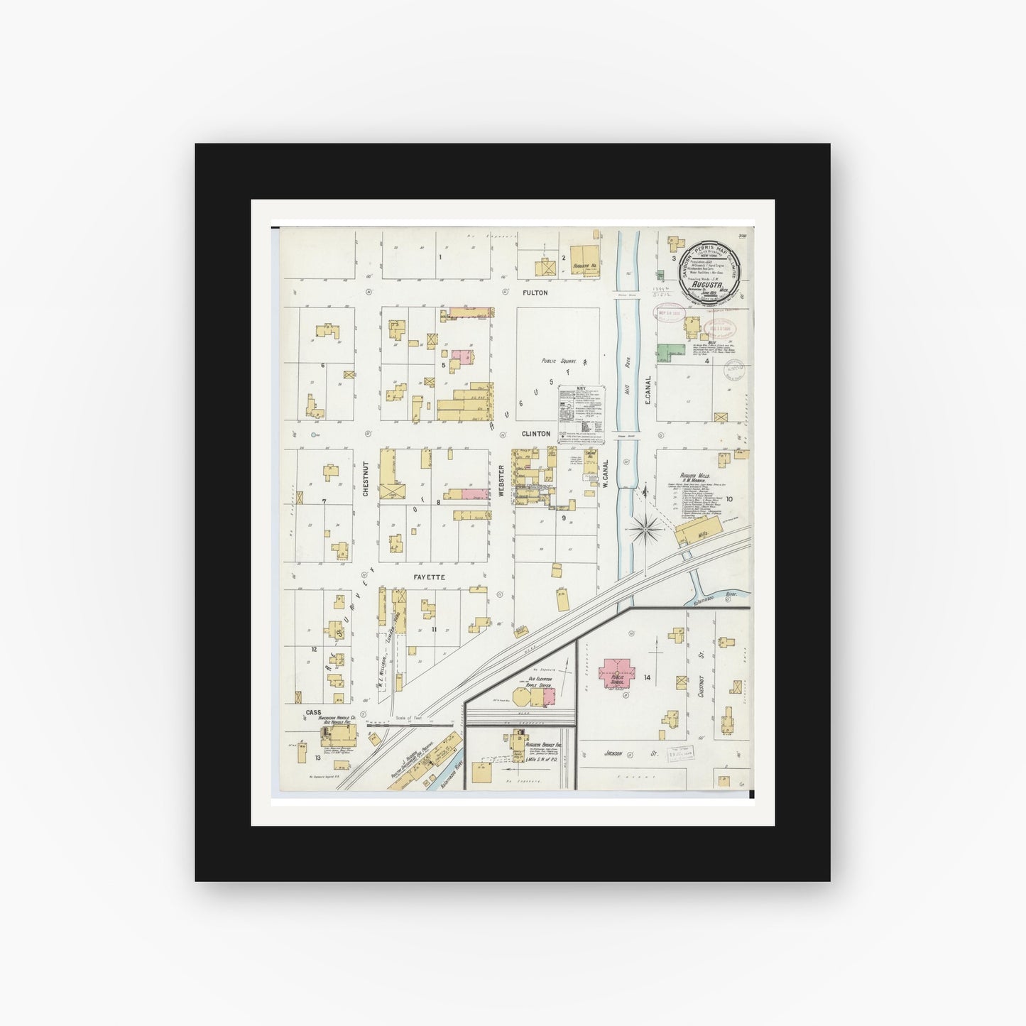 Old map wall art mockup — black gallery frame with white mat — Sanborn Fire Insurance Map from Augusta, Kalamazoo County, Michigan (1899), Sheet #0001
