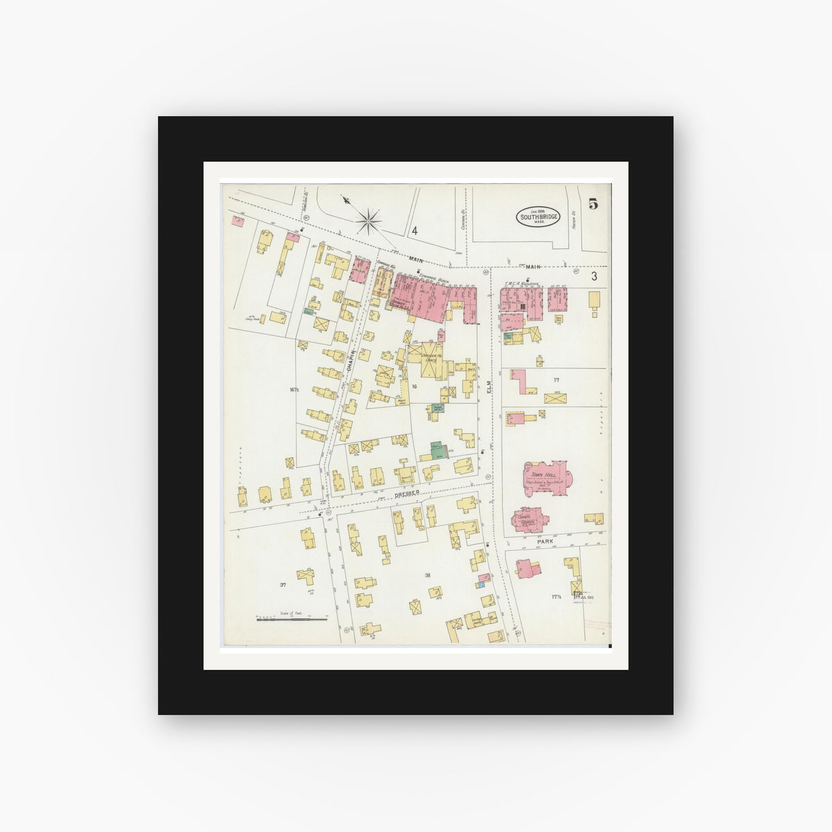 Old map wall art mockup — black gallery frame with white mat — Sanborn Fire Insurance Map from Southbridge, Worcester County, Massachusetts (1899), Sheet #0005
