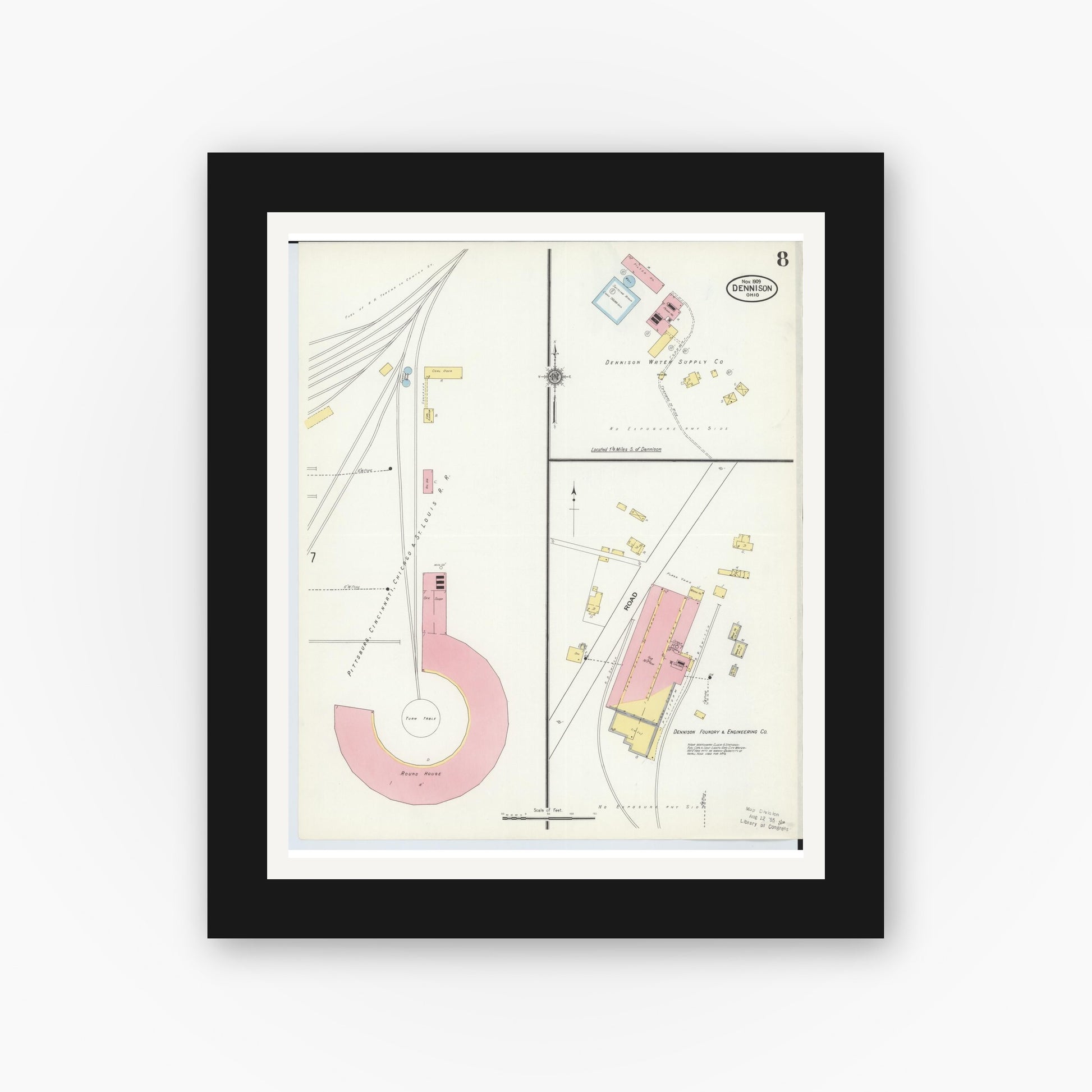 Old map wall art mockup — black gallery frame with white mat — Sanborn Fire Insurance Map from Dennison, Tuscarawas County, Ohio (1909), Sheet #0008