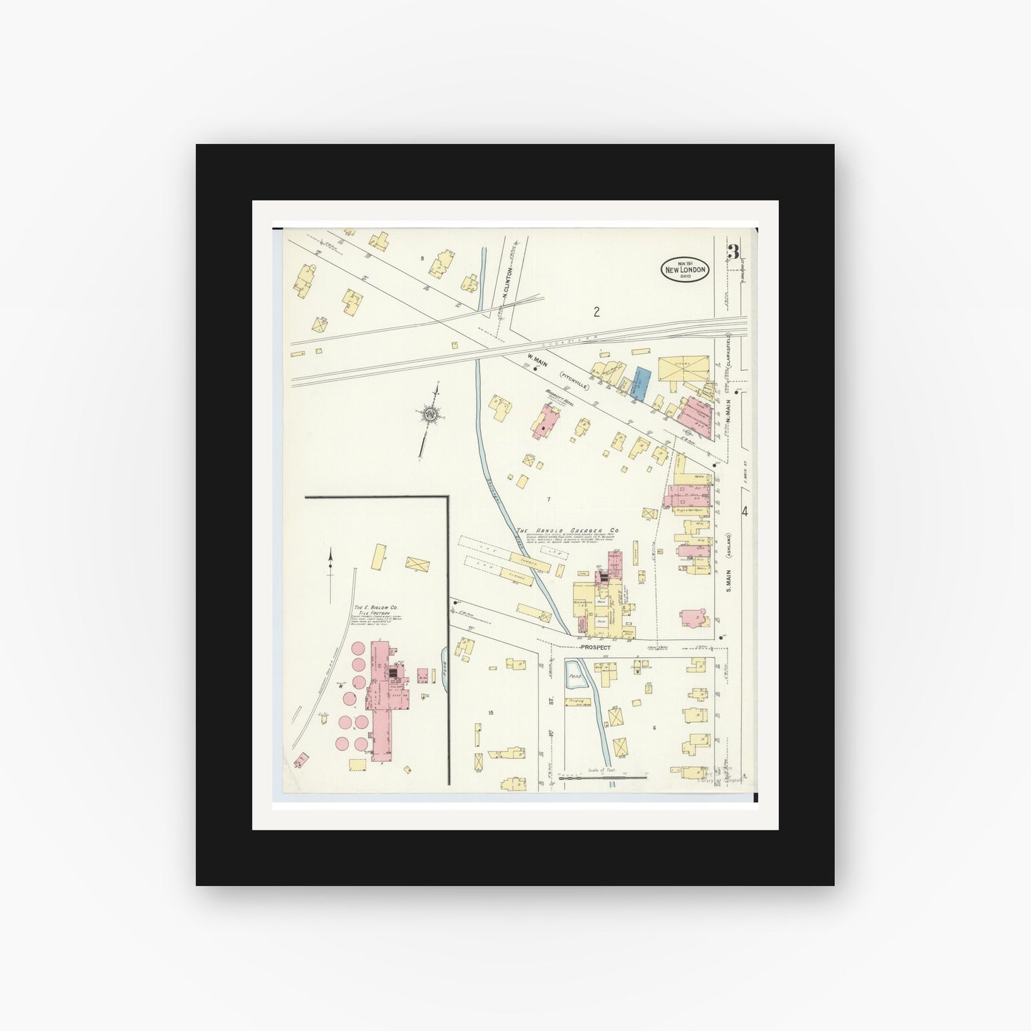 Old map wall art mockup — black gallery frame with white mat — Sanborn Fire Insurance Map from New London, Huron County, Ohio (1911), Sheet #0003