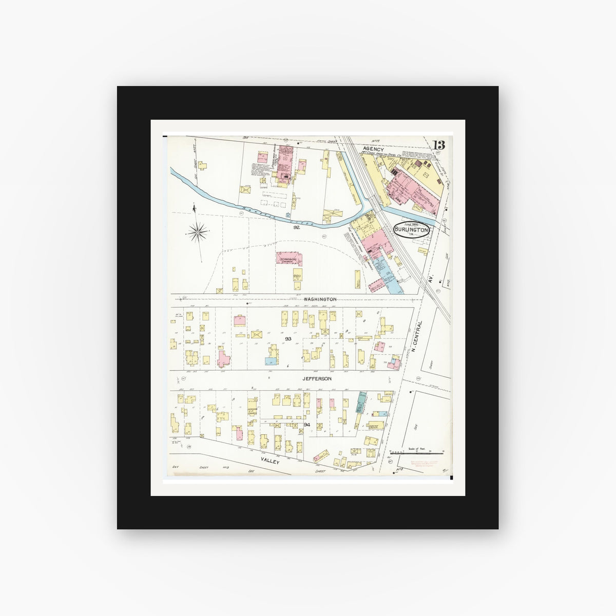 Old map wall art mockup — black gallery frame with white mat — Sanborn Fire Insurance Map from Burlington, Des Moines County, Iowa (1892), Sheet #0013