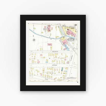 Old map wall art mockup — black gallery frame with white mat — Sanborn Fire Insurance Map from Burlington, Des Moines County, Iowa (1892), Sheet #0013