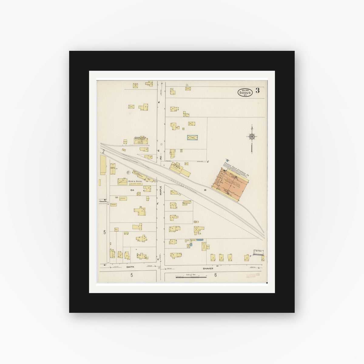 Old map wall art mockup — black gallery frame with white mat — Sanborn Fire Insurance Map from Sodus, Wayne County, New York (1915), Sheet #0003