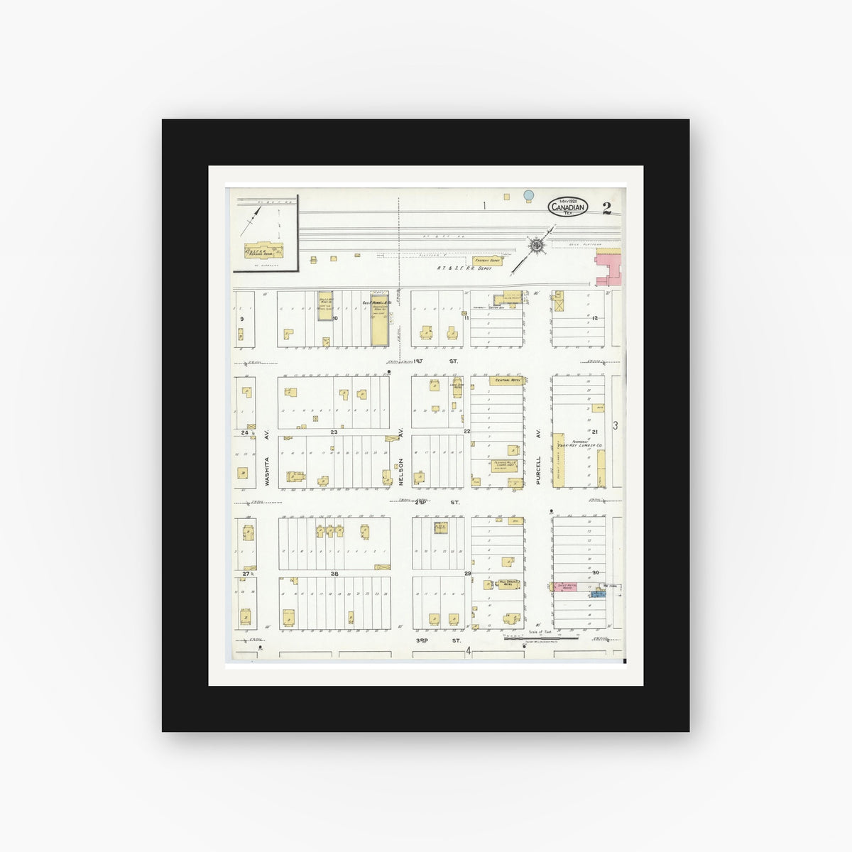 Old map wall art mockup — black gallery frame with white mat — Sanborn Fire Insurance Map from Canadian, Hemphill County, Texas (1920), Sheet #0002