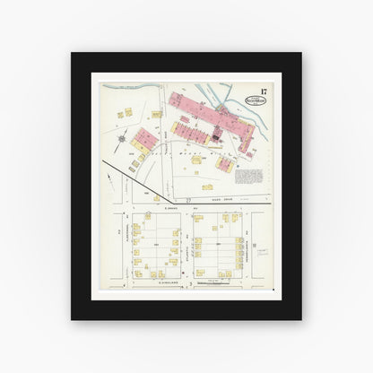 Old map wall art mockup — black gallery frame with white mat — Sanborn Fire Insurance Map from Rocky Mount, Edgecombe And Nash Counties, North Carolina (1917), Sheet #0017