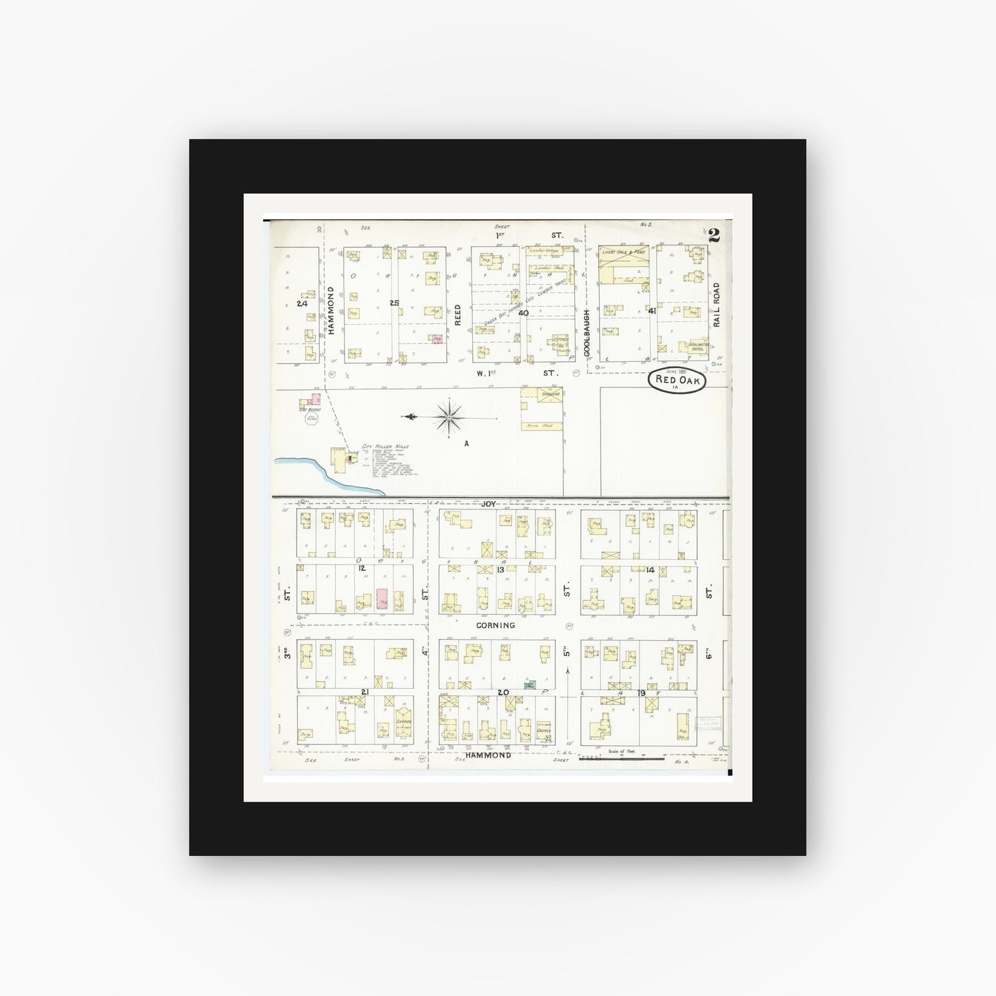 Old map wall art mockup — black gallery frame with white mat — Sanborn Fire Insurance Map from Red Oak, Montgomery County, Iowa (1891), Sheet #0002