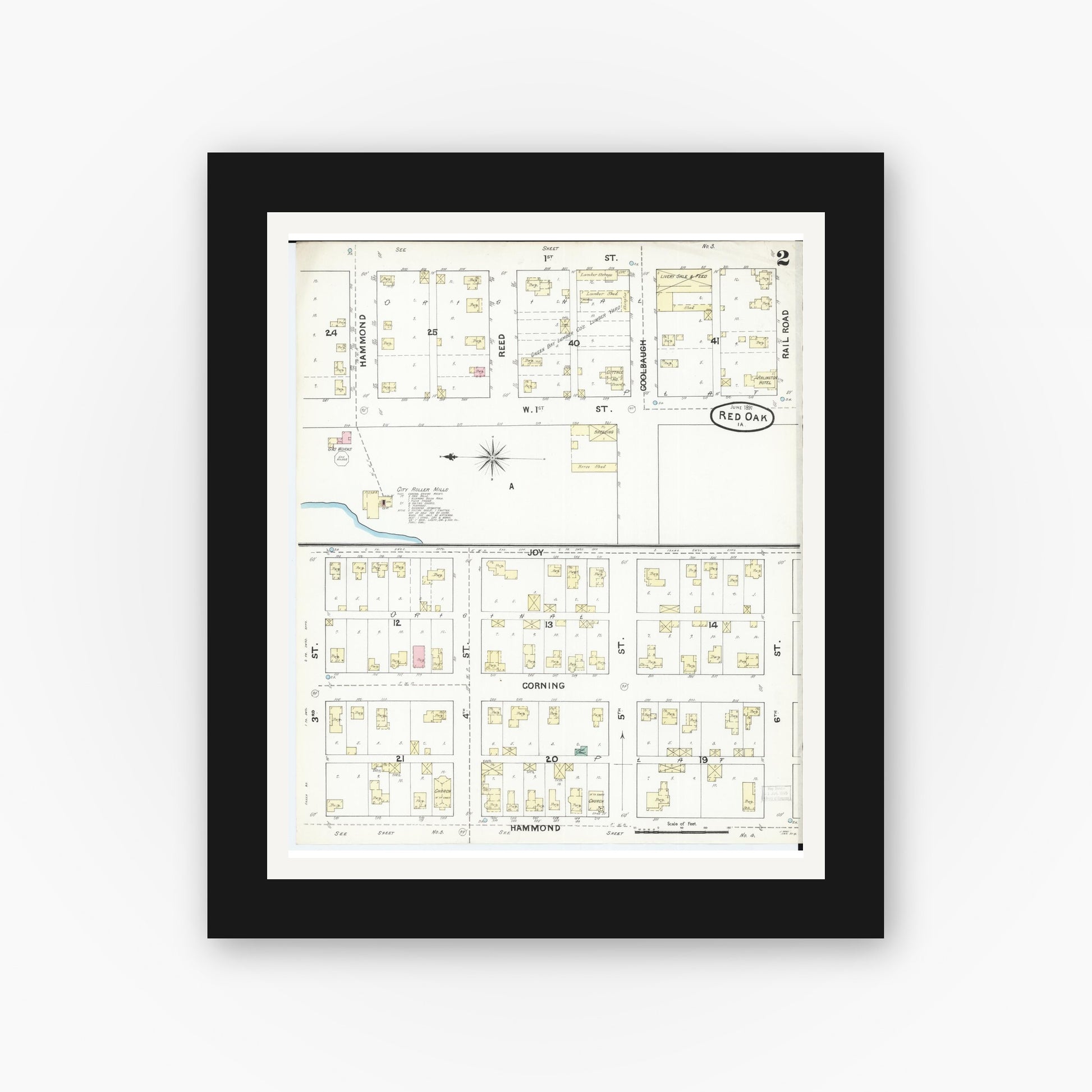 Old map wall art mockup — black gallery frame with white mat — Sanborn Fire Insurance Map from Red Oak, Montgomery County, Iowa (1891), Sheet #0002