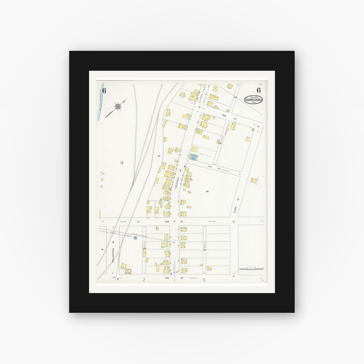 Old map wall art mockup — black gallery frame with white mat — Sanborn Fire Insurance Map from Barnesboro, Cambria County, Pennsylvania (1930), Sheet #0006