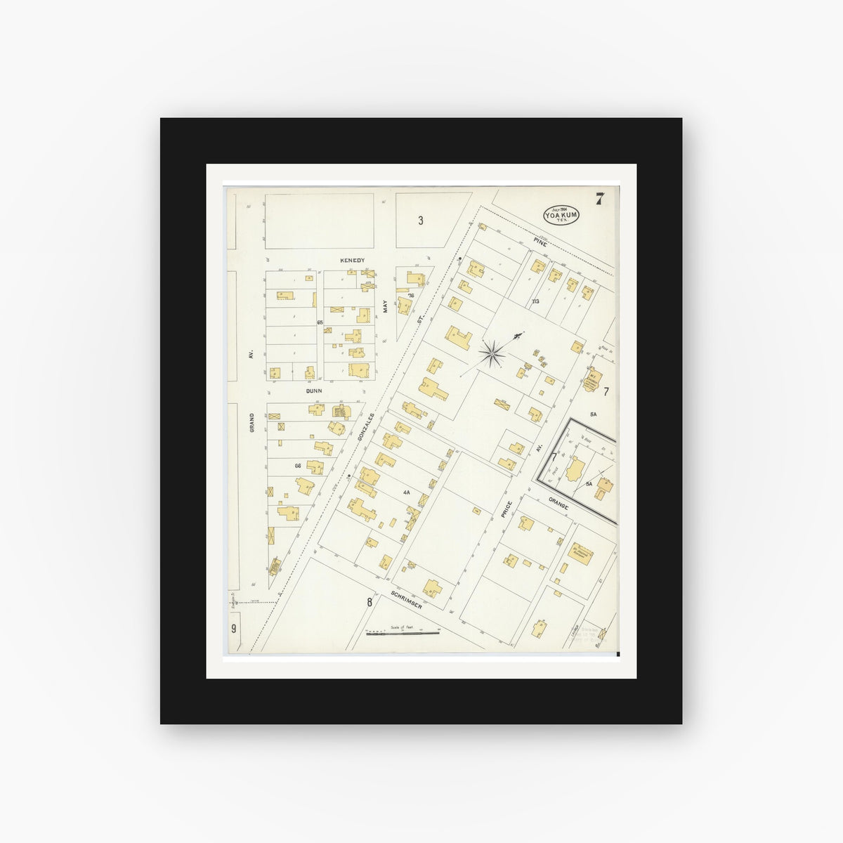 Old map wall art mockup — black gallery frame with white mat — Sanborn Fire Insurance Map from Yoakum, De Witt And Lavaca Counties, Texas (1904), Sheet #0007