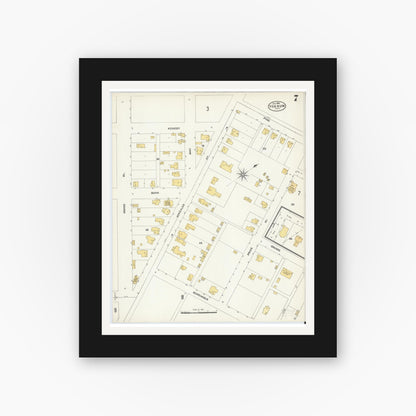 Old map wall art mockup — black gallery frame with white mat — Sanborn Fire Insurance Map from Yoakum, De Witt And Lavaca Counties, Texas (1904), Sheet #0007