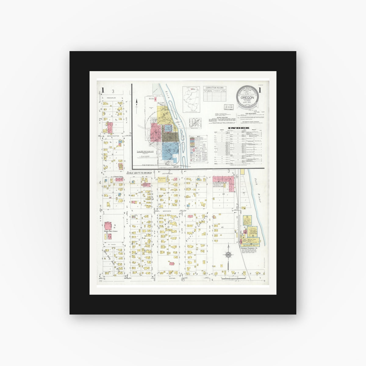 Old map wall art mockup — black gallery frame with white mat — Sanborn Fire Insurance Map from Oregon, Ogle County, Illinois (1933), Sheet #0001
