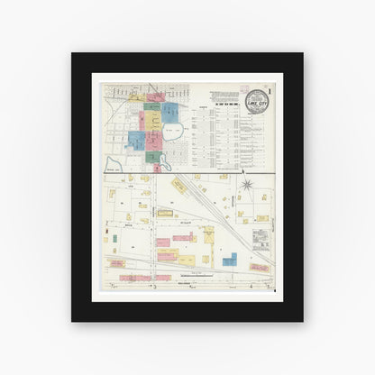Old map wall art mockup — black gallery frame with white mat — Sanborn Fire Insurance Map from Lake City, Columbia County, Florida (1906) - Complete Map Set