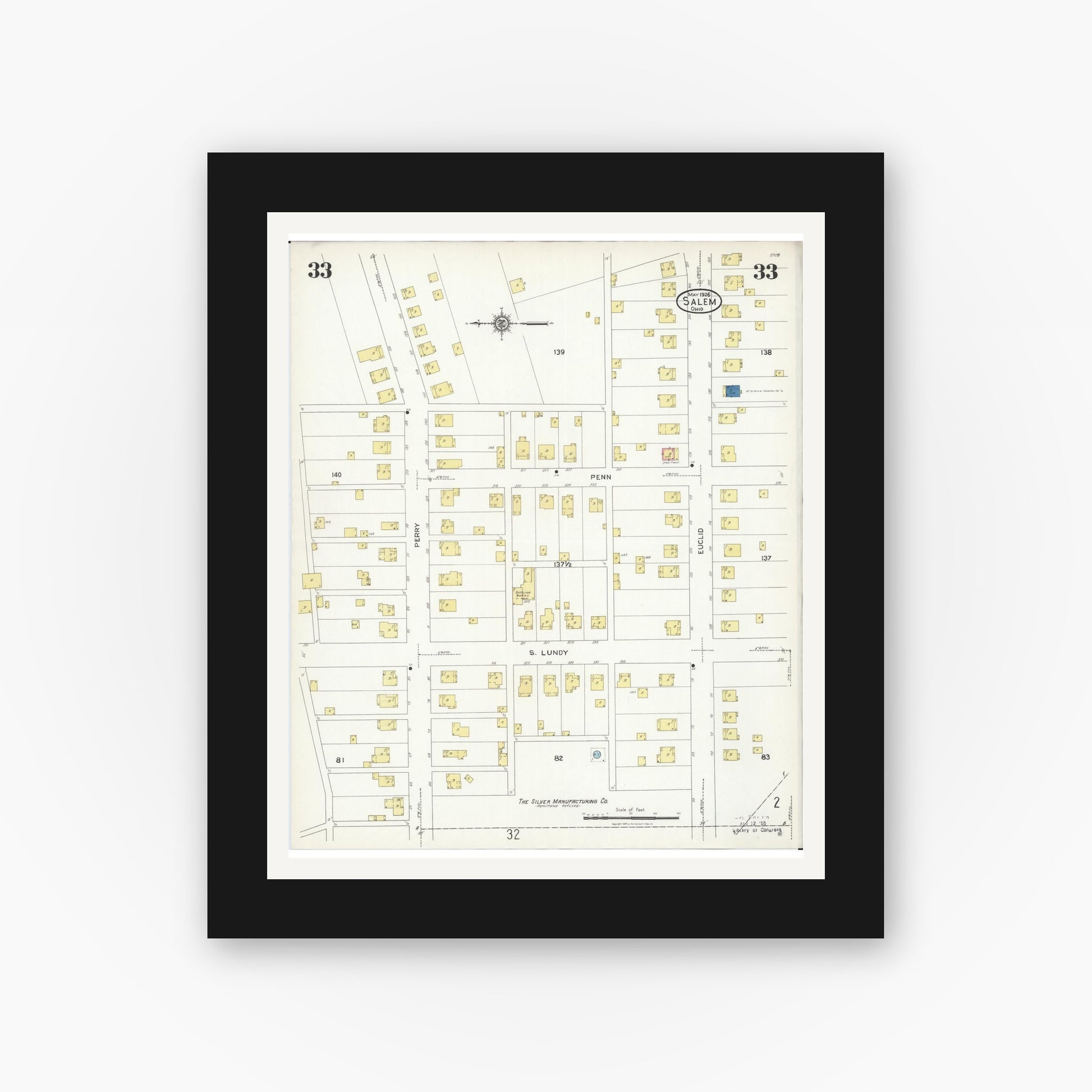Old map wall art mockup — black gallery frame with white mat — Sanborn Fire Insurance Map from Salem, Columbiana County, Ohio (1926), Sheet #0033