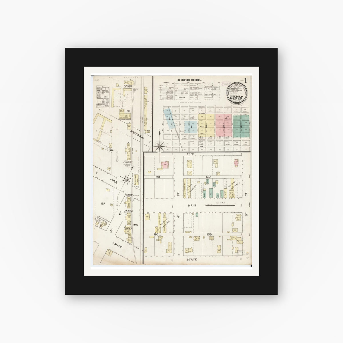 Old map wall art mockup — black gallery frame with white mat — Sanborn Fire Insurance Map from Osage, Mitchell County, Iowa (1888), Sheet #0001