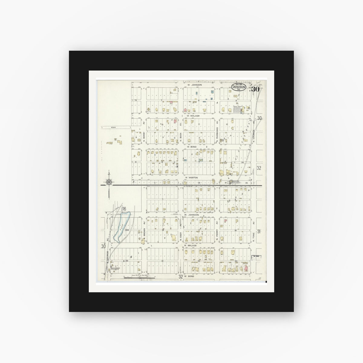 Old map wall art mockup — black gallery frame with white mat — Sanborn Fire Insurance Map from Denison, Grayson County, Texas (1914), Sheet #0030