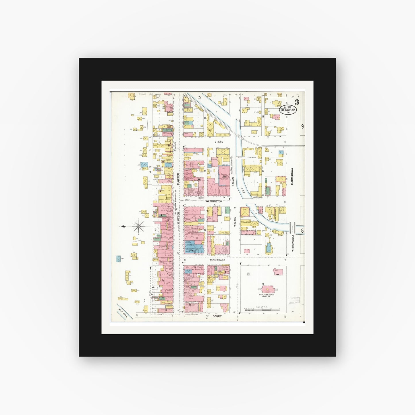 Old map wall art mockup — black gallery frame with white mat — Sanborn Fire Insurance Map from Decorah, Winneshiek County, Iowa (1902), Sheet #0003