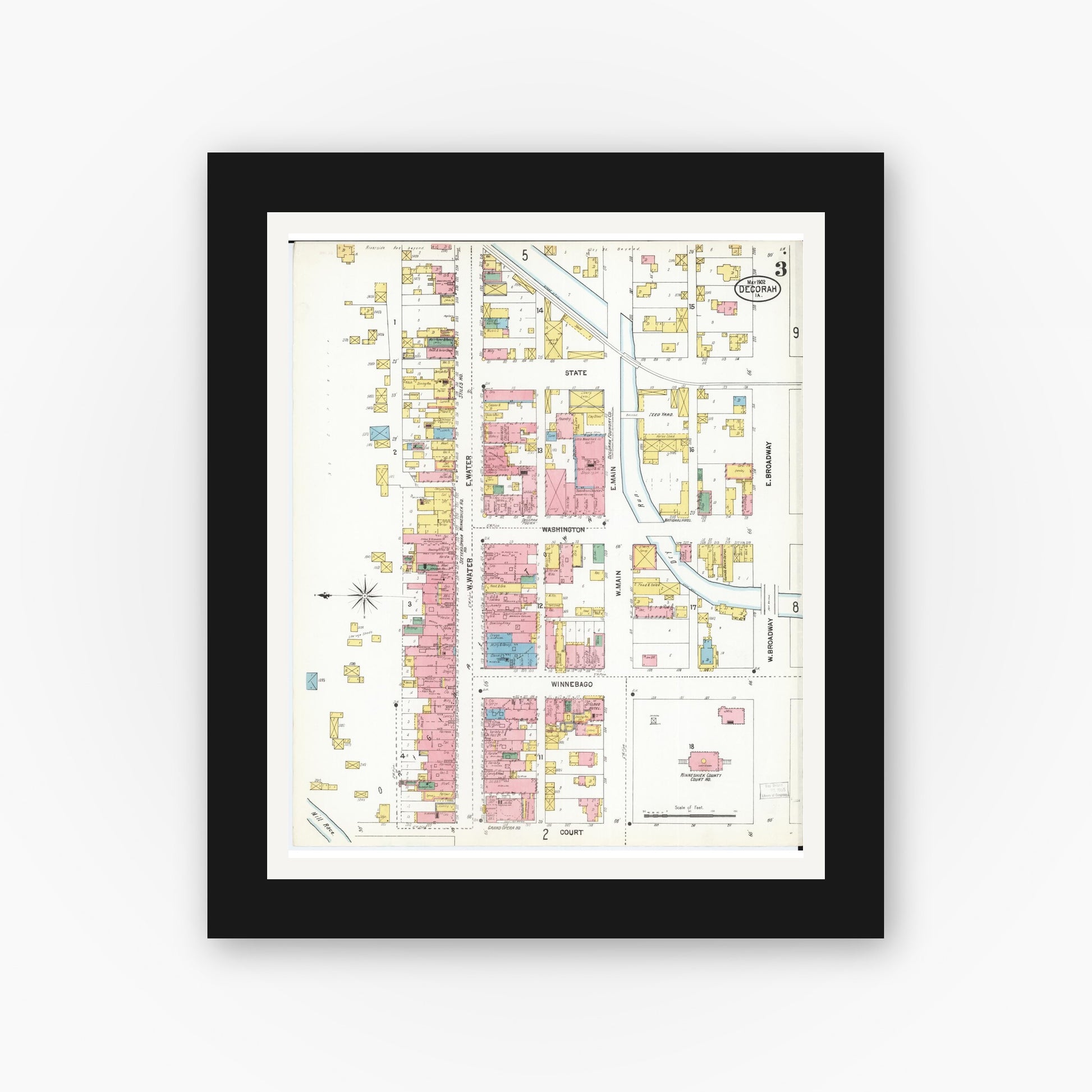 Old map wall art mockup — black gallery frame with white mat — Sanborn Fire Insurance Map from Decorah, Winneshiek County, Iowa (1902), Sheet #0003