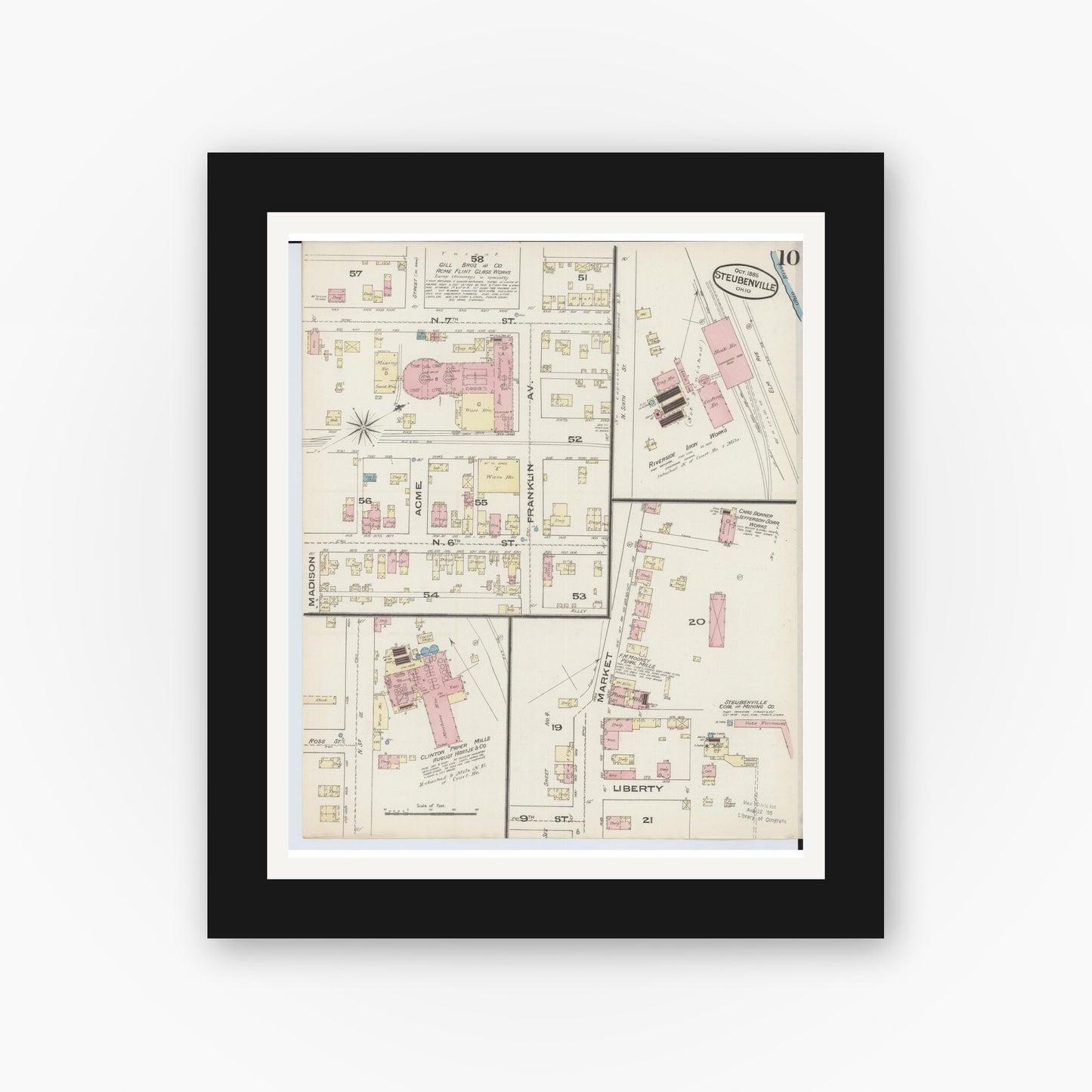 Old map wall art mockup — black gallery frame with white mat — Sanborn Fire Insurance Map from Steubenville, Jefferson County, Ohio (1885), Sheet #0010