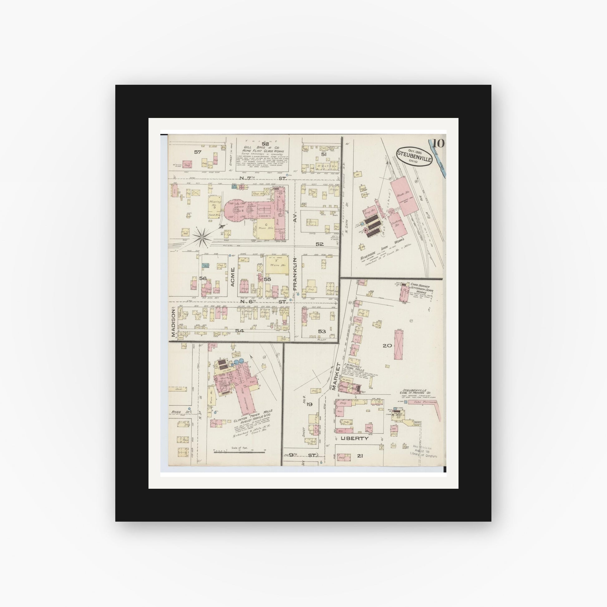 Old map wall art mockup — black gallery frame with white mat — Sanborn Fire Insurance Map from Steubenville, Jefferson County, Ohio (1885), Sheet #0010