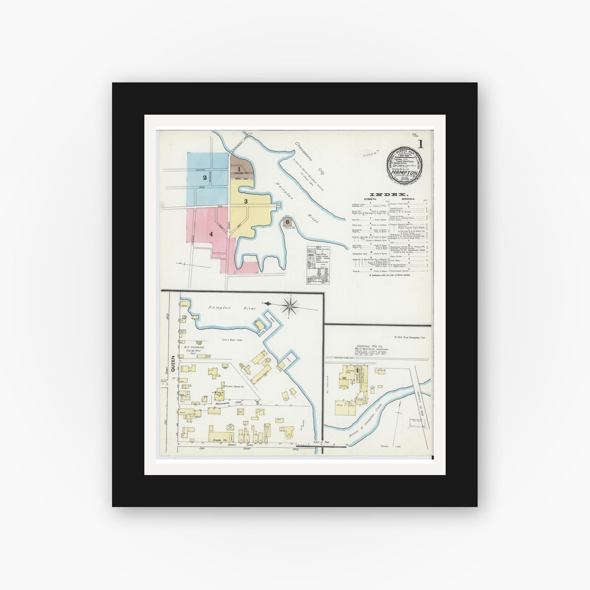 Old map wall art mockup — black gallery frame with white mat — Sanborn Fire Insurance Map from Hampton, Independent Cities, Virginia (1891), Sheet #0001