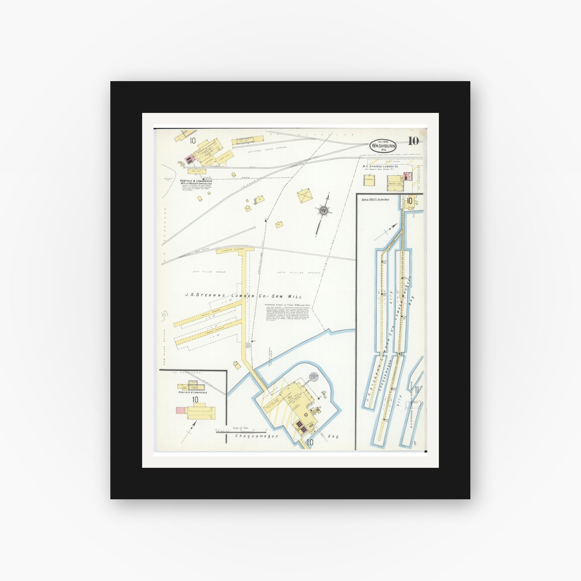 Old map wall art mockup — black gallery frame with white mat — Sanborn Fire Insurance Map from Washburn, Bayfield County, Wisconsin (1909), Sheet #0010