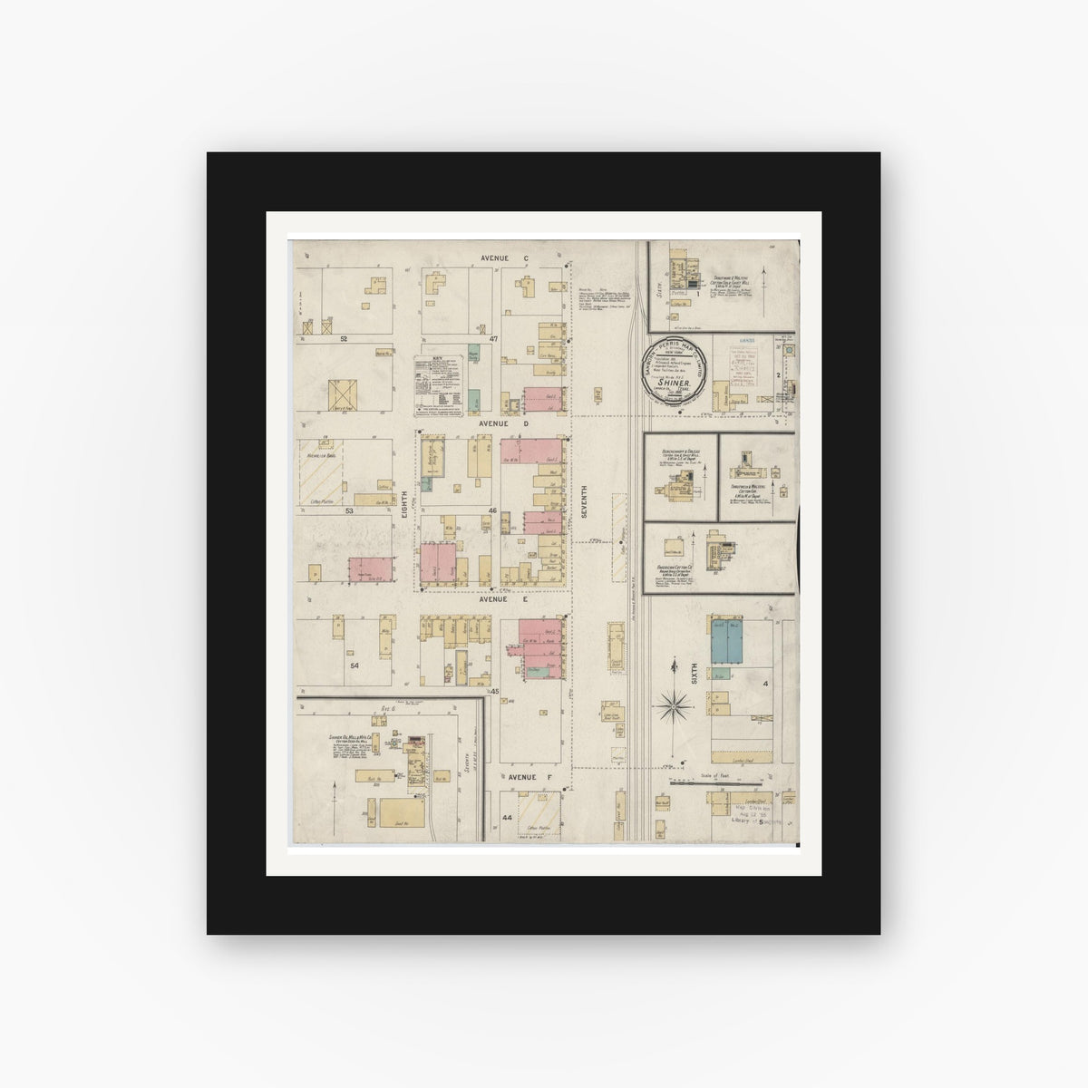 Old map wall art mockup — black gallery frame with white mat — Sanborn Fire Insurance Map from Shiner, Lavaca County, Texas (1900), Sheet #0001