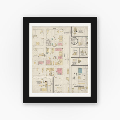 Old map wall art mockup — black gallery frame with white mat — Sanborn Fire Insurance Map from Shiner, Lavaca County, Texas (1900), Sheet #0001