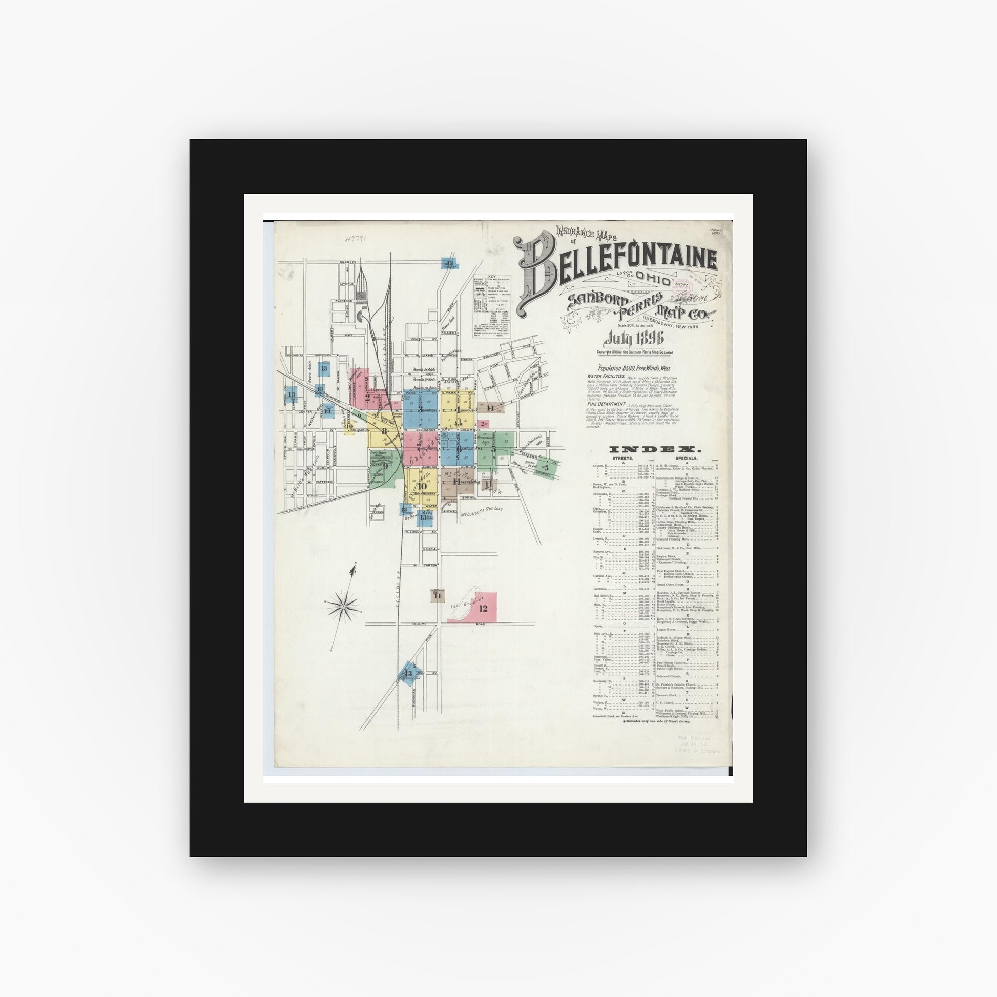 Old map wall art mockup — black gallery frame with white mat — Sanborn Fire Insurance Map from Bellefontaine, Logan County, Ohio (1896), Sheet #0001