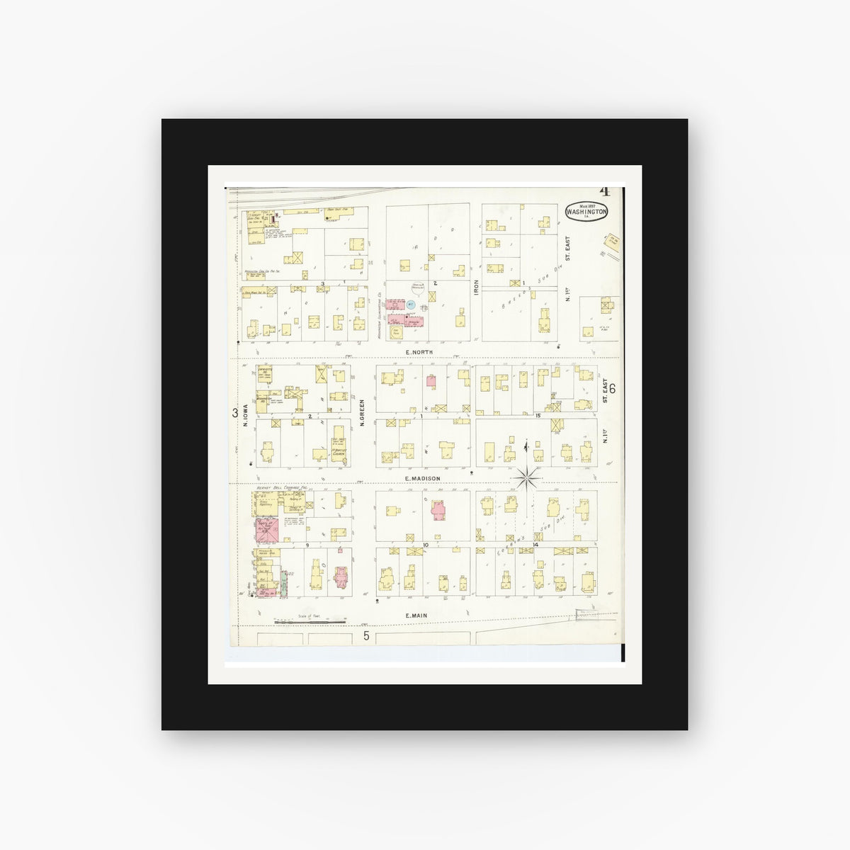 Old map wall art mockup — black gallery frame with white mat — Sanborn Fire Insurance Map from Washington, Washington County, Iowa (1897), Sheet #0004