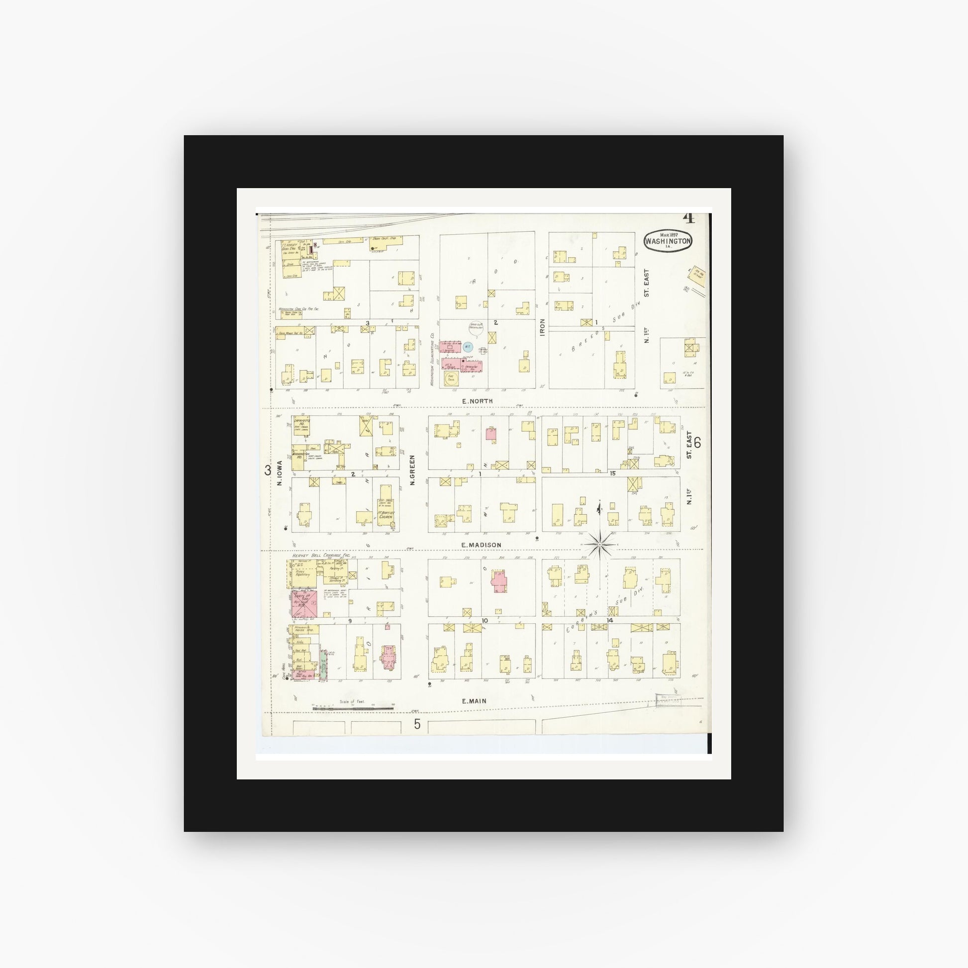 Old map wall art mockup — black gallery frame with white mat — Sanborn Fire Insurance Map from Washington, Washington County, Iowa (1897), Sheet #0004