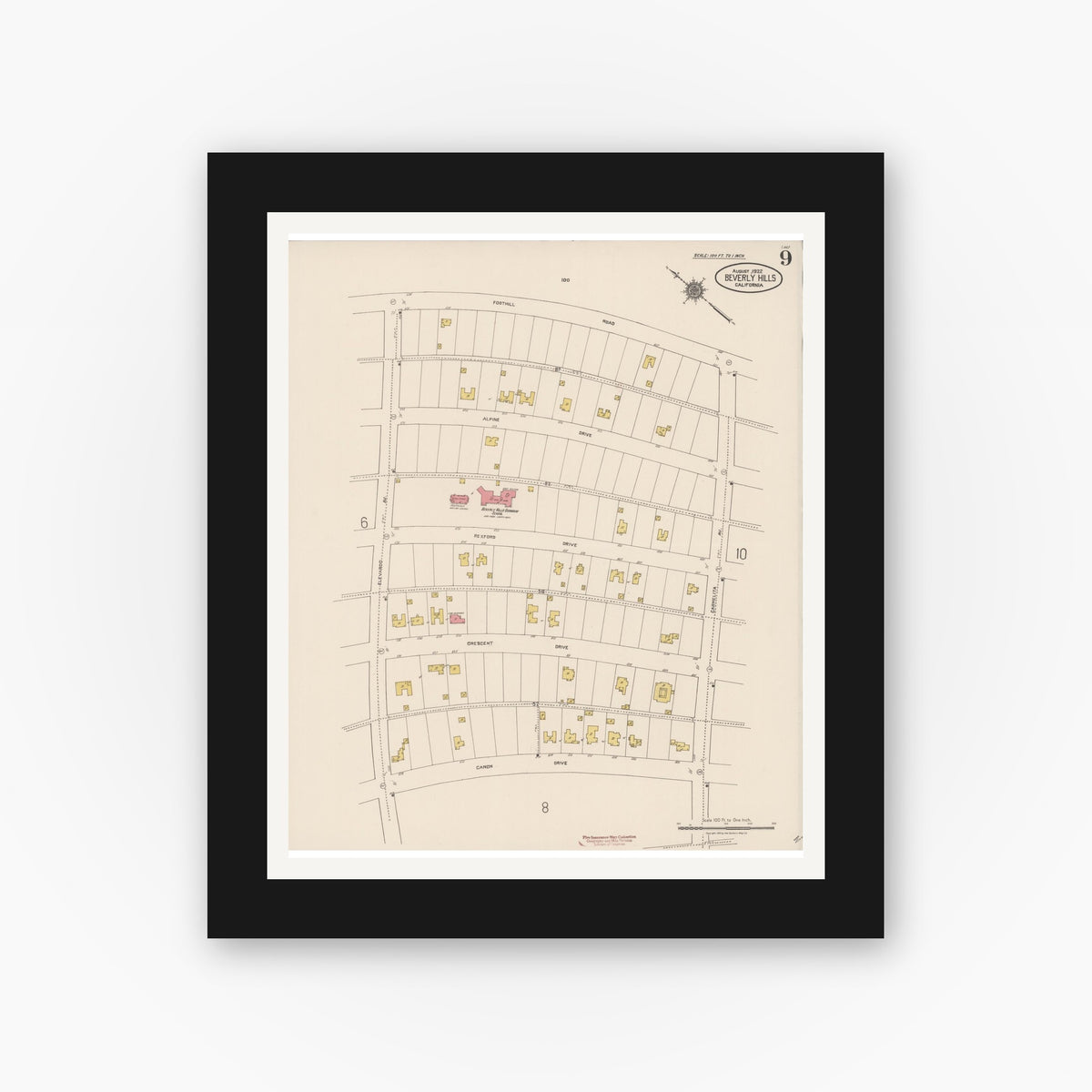 Old map wall art mockup — black gallery frame with white mat — Sanborn Fire Insurance Map from Beverly Hills, Los Angeles County, California (1922), Sheet #0009